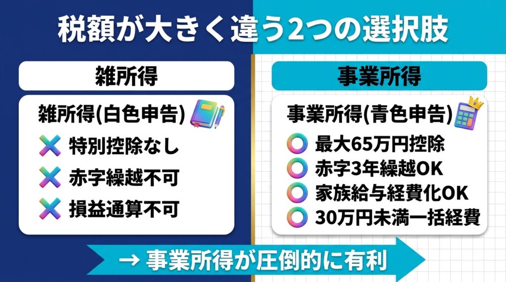 AI副業の確定申告で雑所得と事業所得どちらを選ぶか