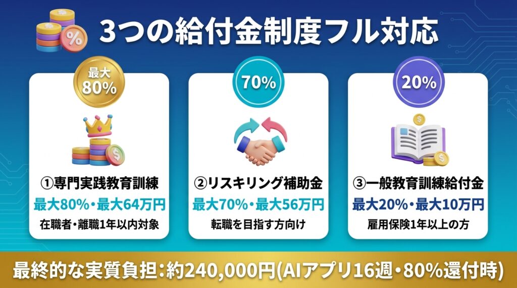 侍エンジニアAIコースの給付金|3制度フル活用で最大80%還付
