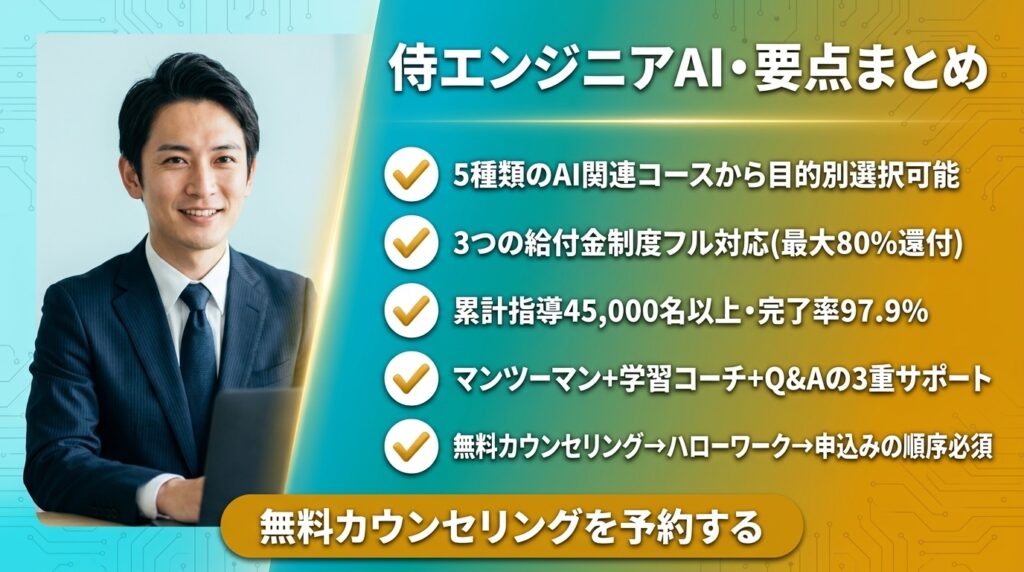 まとめ|侍エンジニアAIコースは「マンツーマン指導+給付金活用」最強の組み合わせ