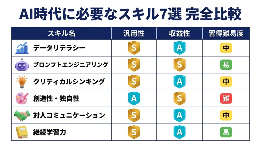 AI時代に必要なスキル7選の比較表