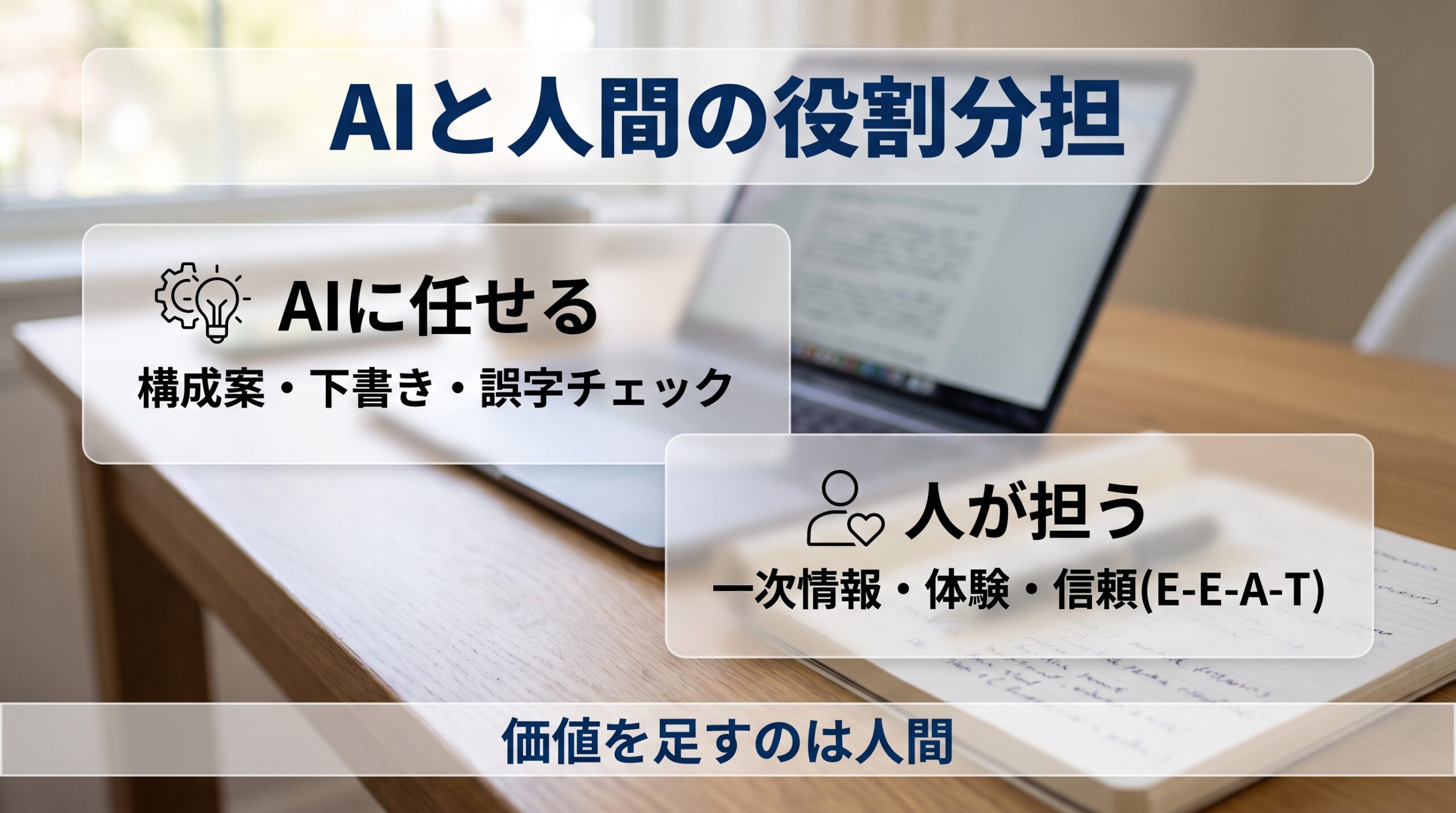 AIブログでAIに任せる工程と人間が担う工程の役割分担表を示す図