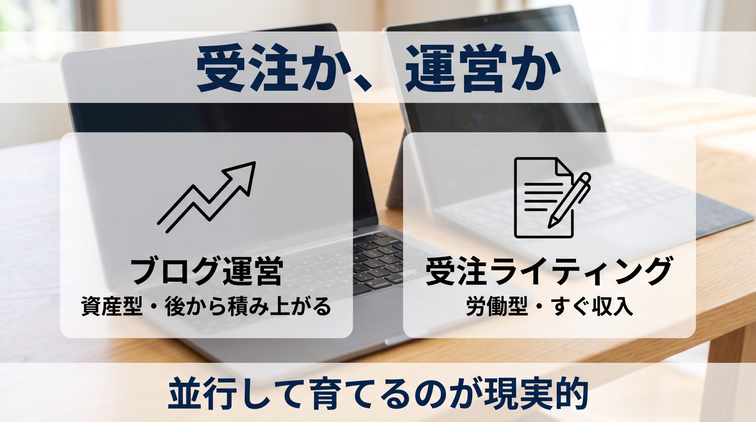 AIライティングの受注型とブログ運営の資産型の使い分けを示す図