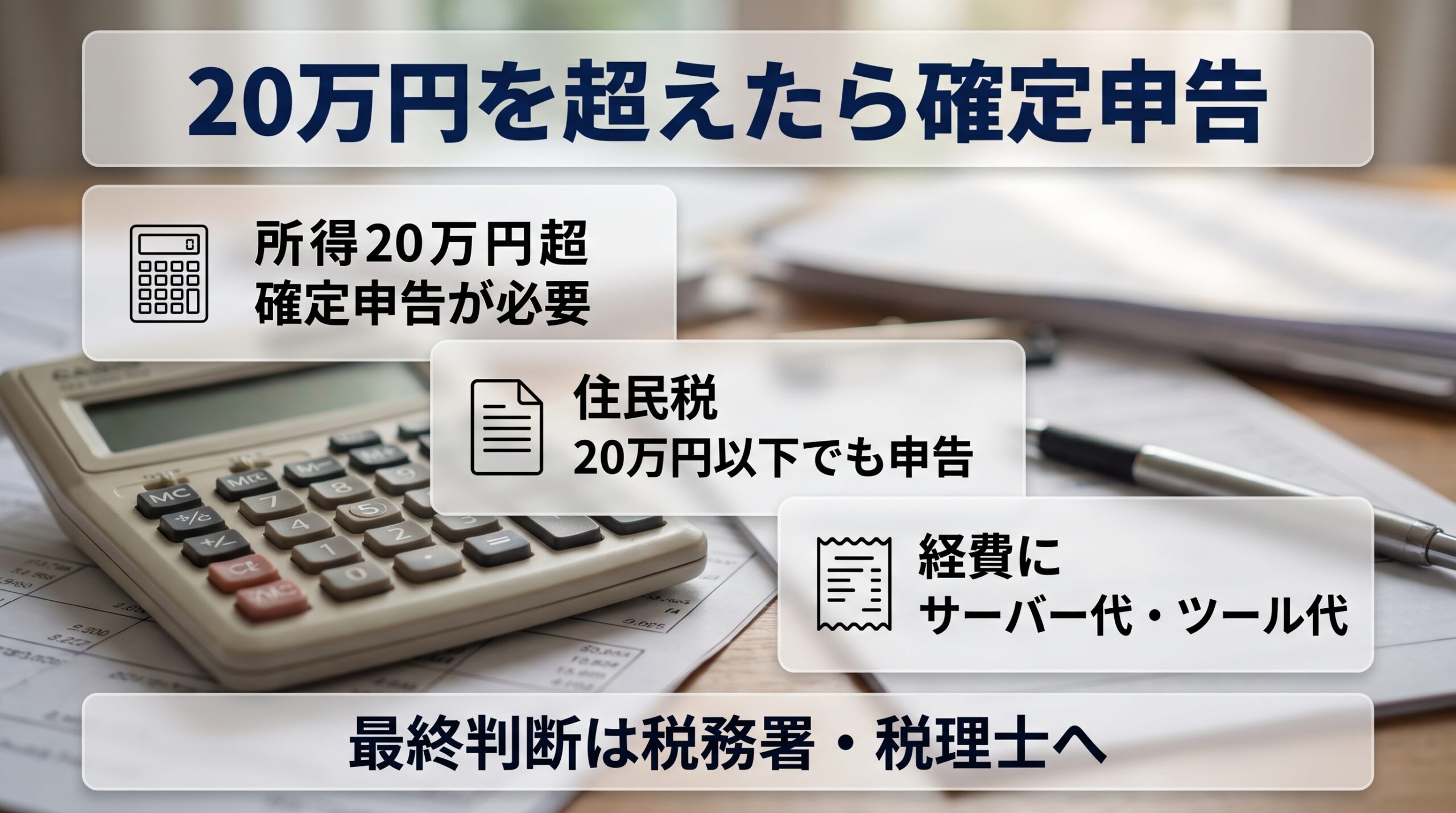 AIブログの副業所得が20万円を超えたら確定申告が必要になることを示す図