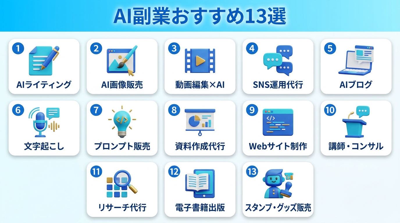 AI副業おすすめ13選の一覧図