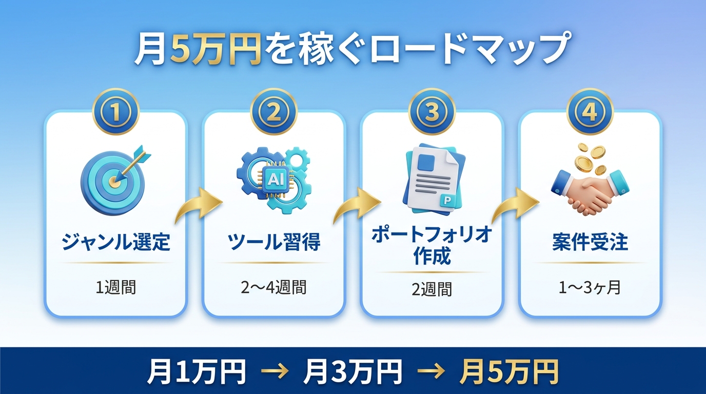 初心者が月5万円を稼ぐロードマップ4ステップの図