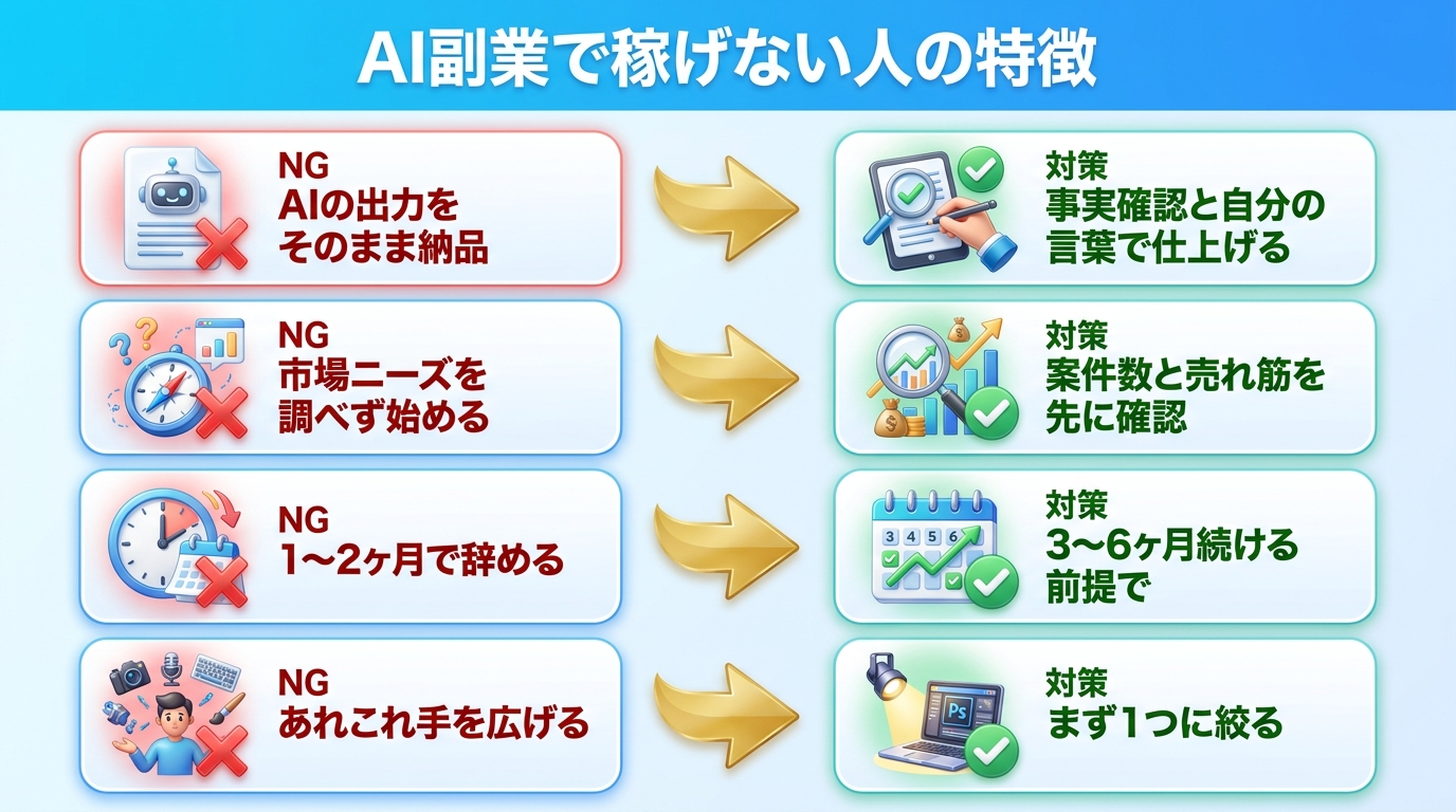 AI副業で稼げない人の特徴と対策の図