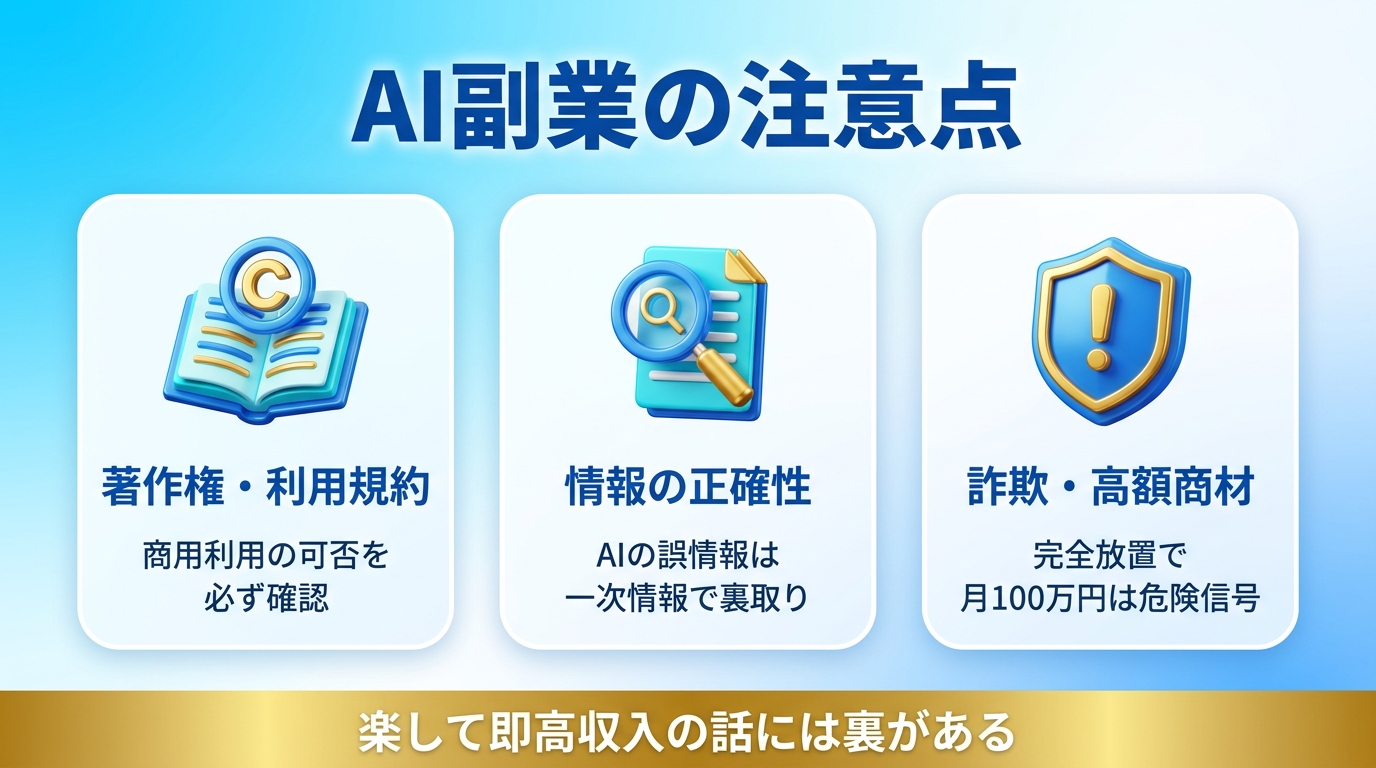 AI副業の注意点・著作権と詐欺対策の図