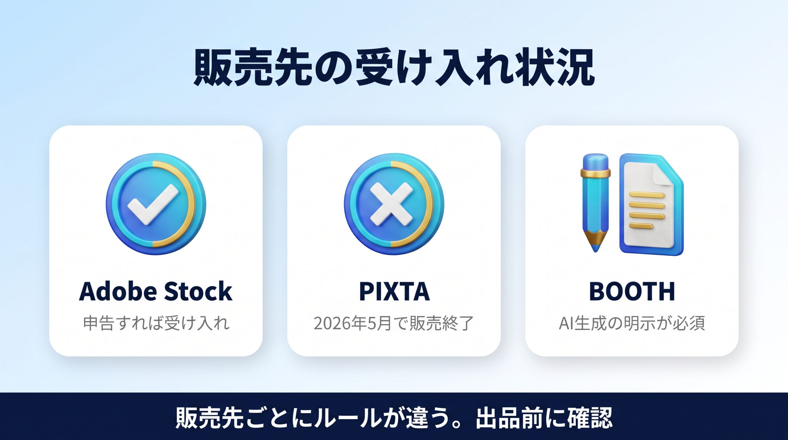 AI生成画像の販売先ごとの最新ポリシーを地図のように示した図