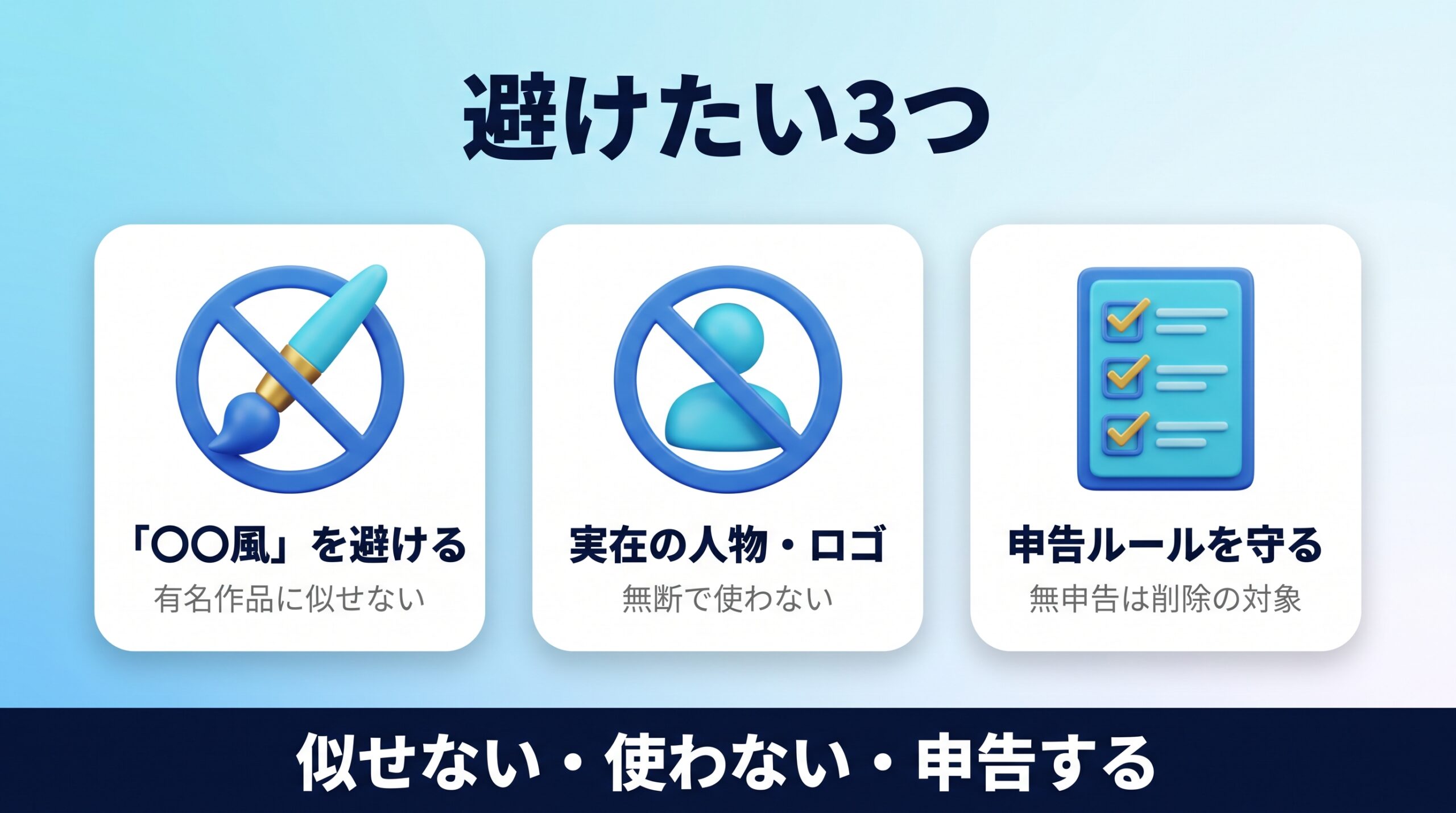 AI画像の著作権トラブルを避けるための注意点を示す図