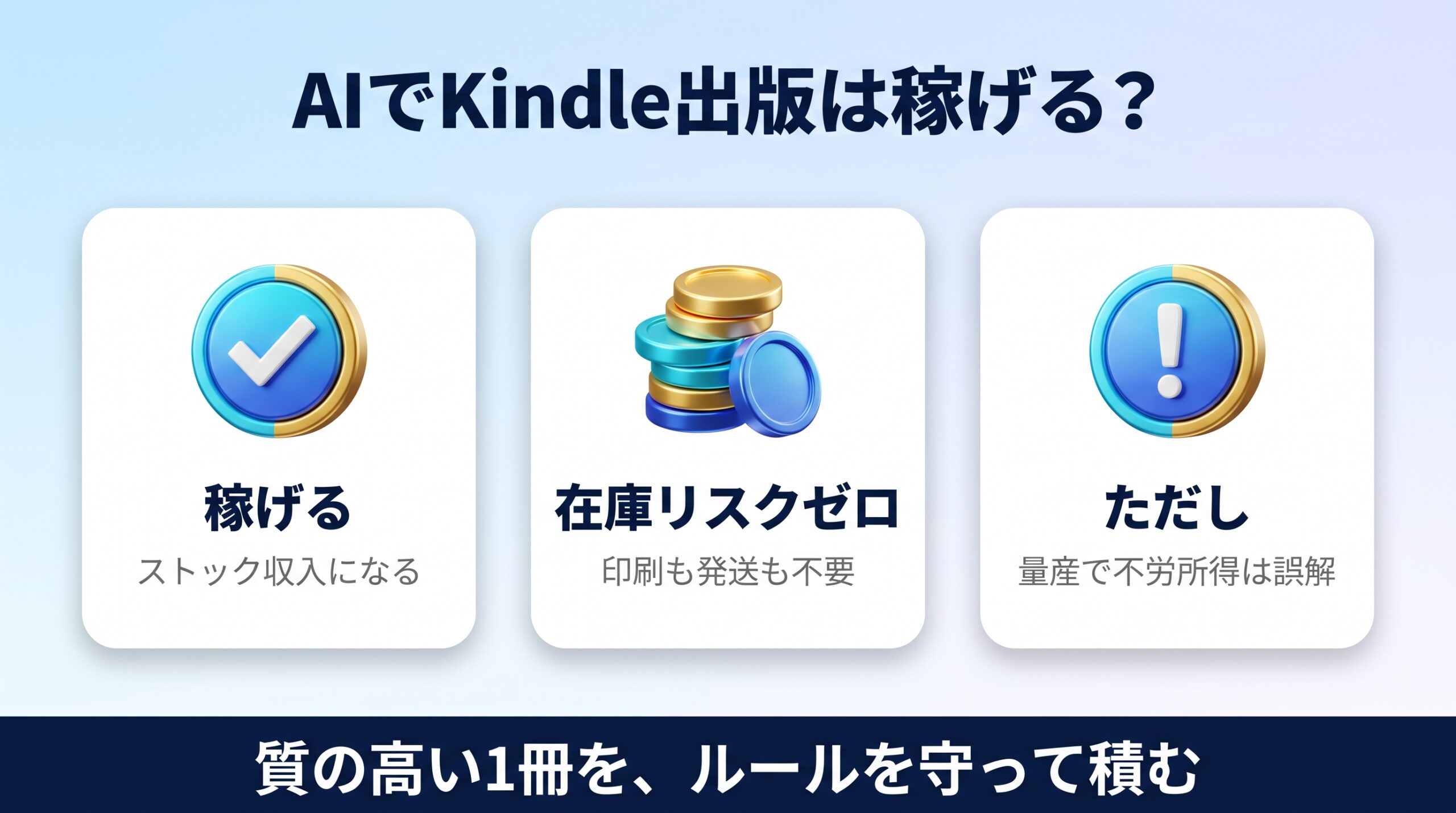 AIでKindle出版が稼げるかの結論とストック収入の仕組みを示す図