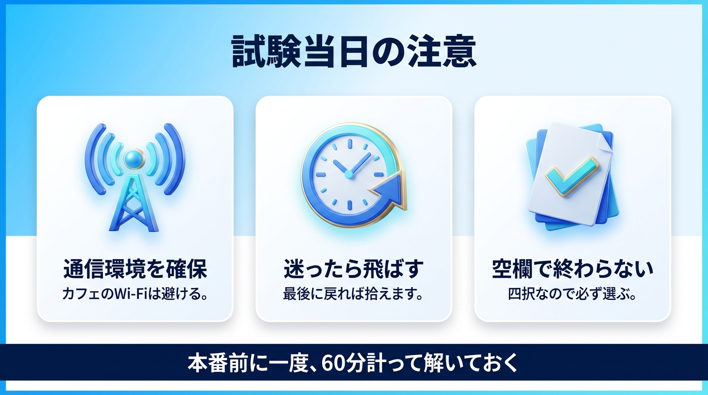 生成AIパスポート試験当日の注意点を示す図