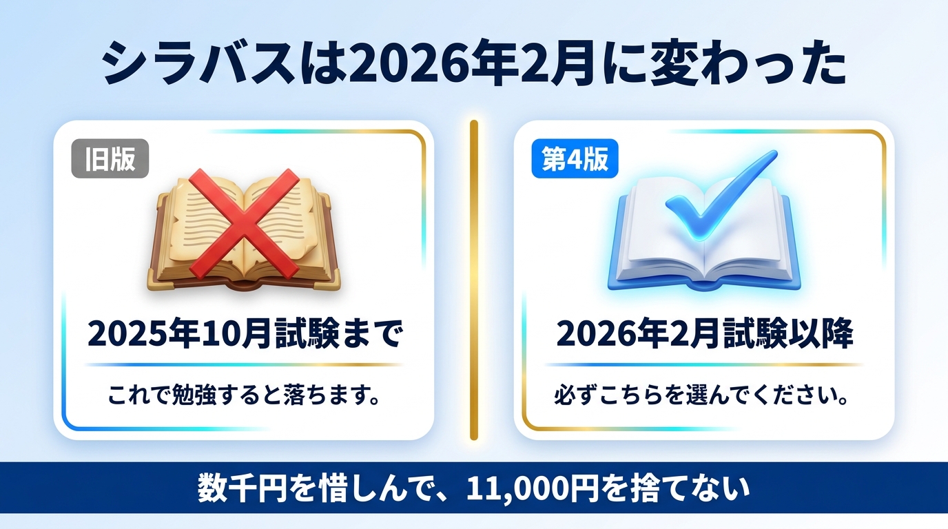 2026年からのシラバス改定と第4版テキストの必要性を示す図