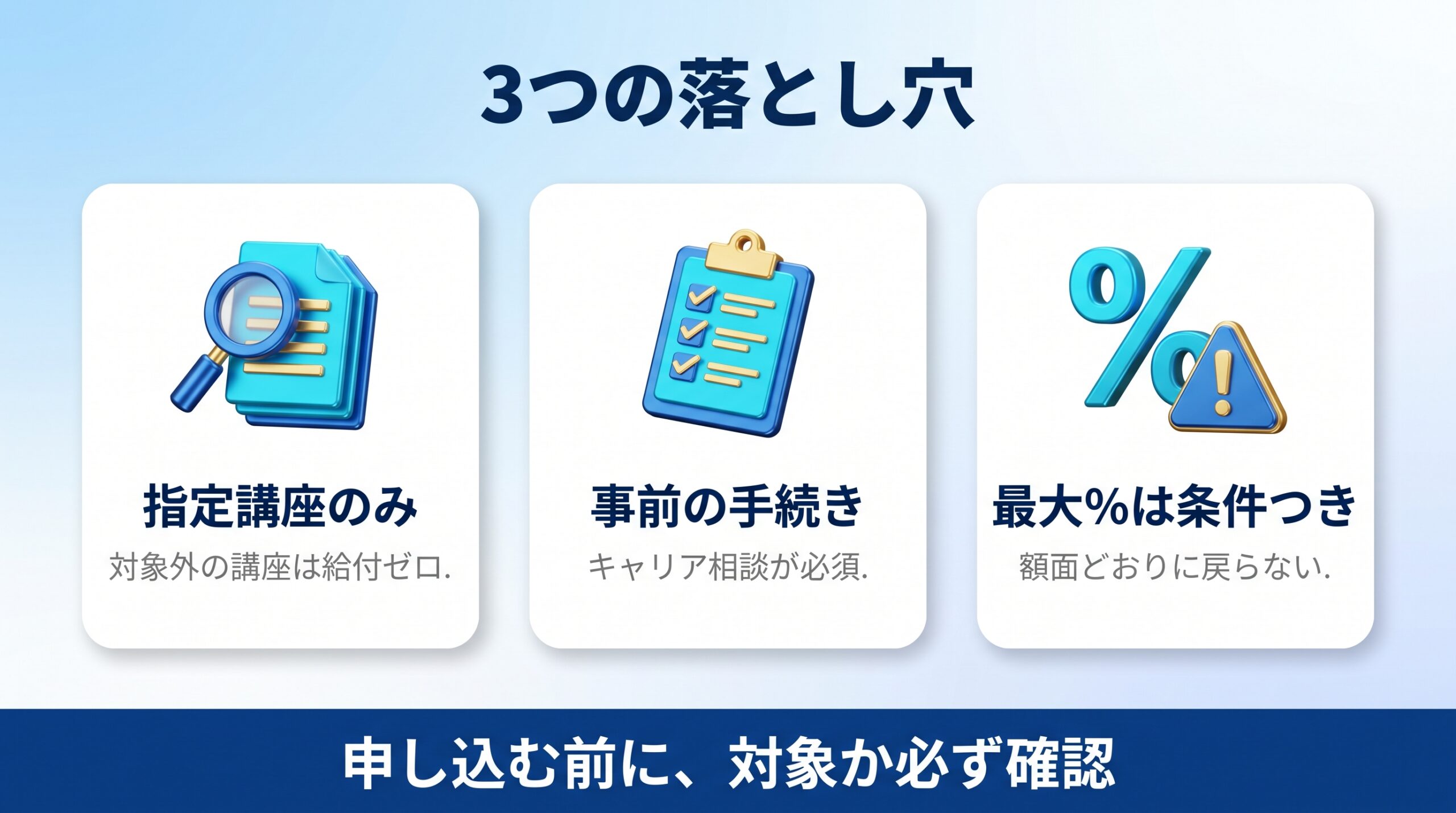 リスキリング制度の対象外の人と申請前に知る落とし穴を示す図