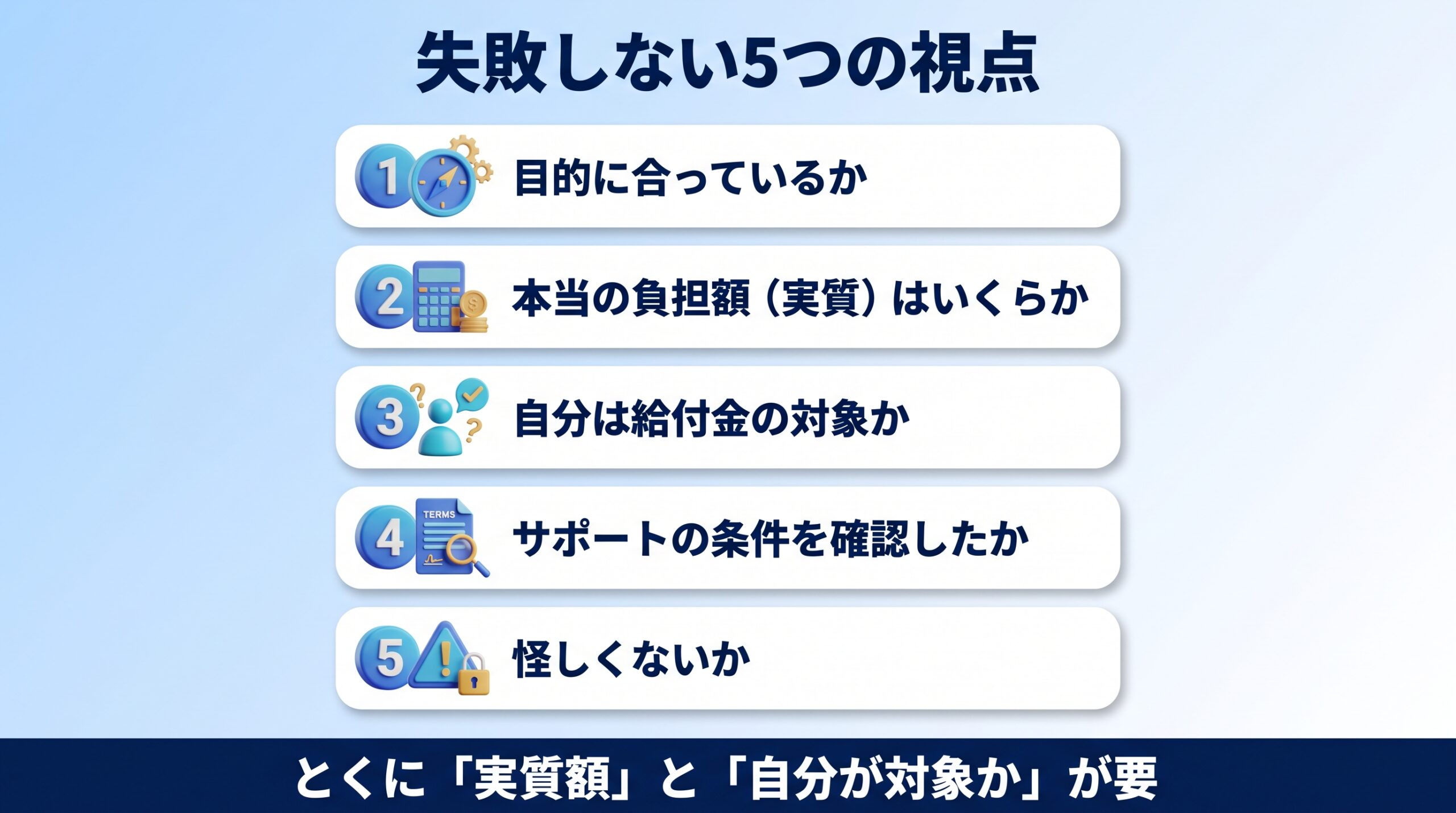 生成AIスクールを選ぶときの5つの視点を示す図