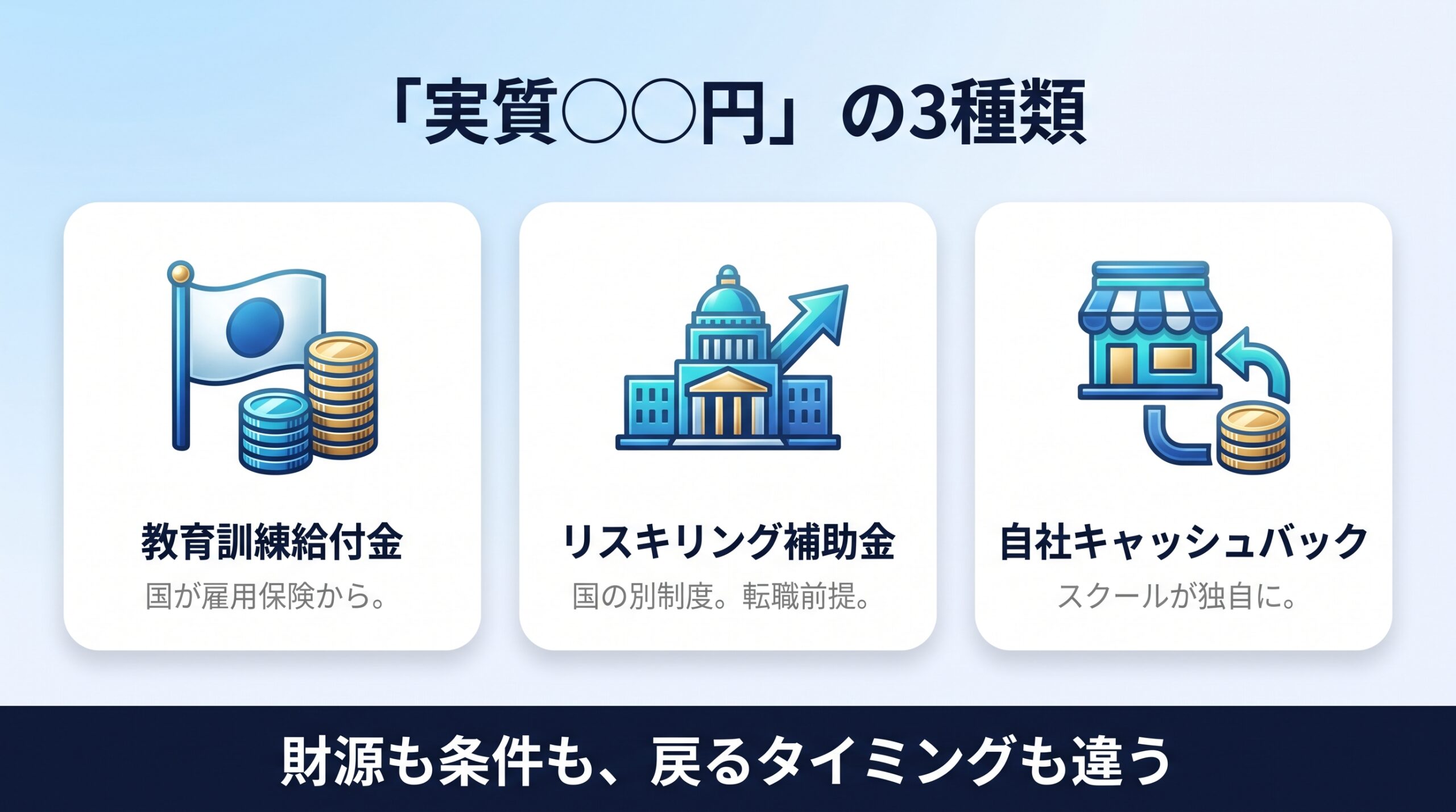 スクールの実質額が給付金と補助金と自社キャッシュバックの3種類あることを示す図