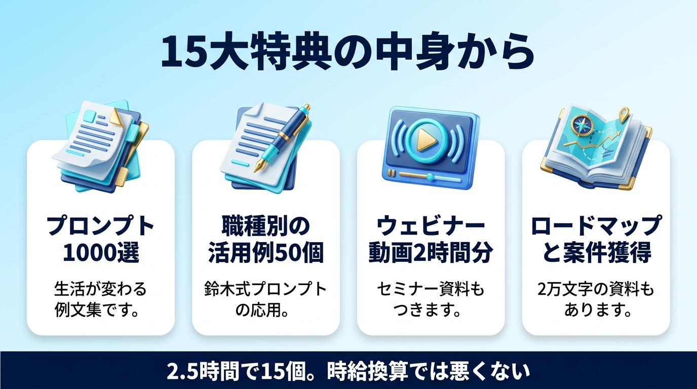 AIスキルアカデミーの15大特典の中身を示す図