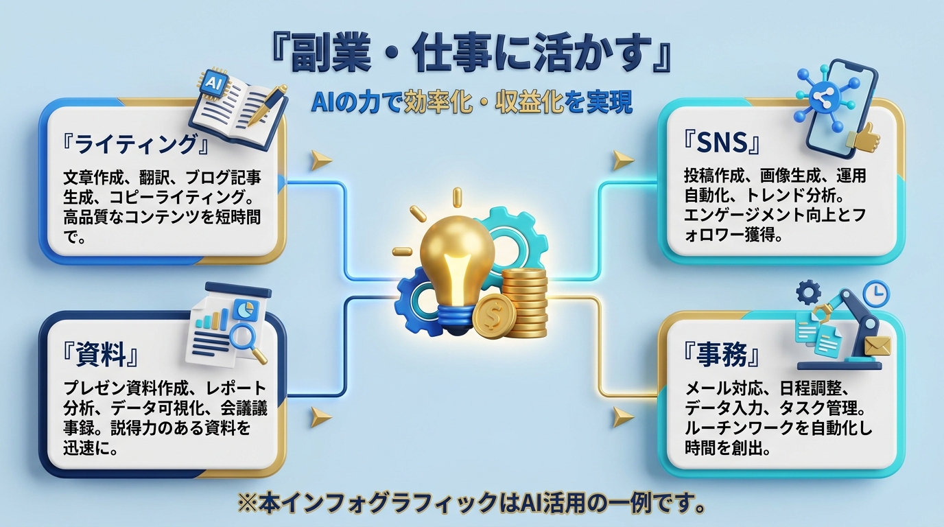 生成AIツールを副業・仕事に活かす方法の図