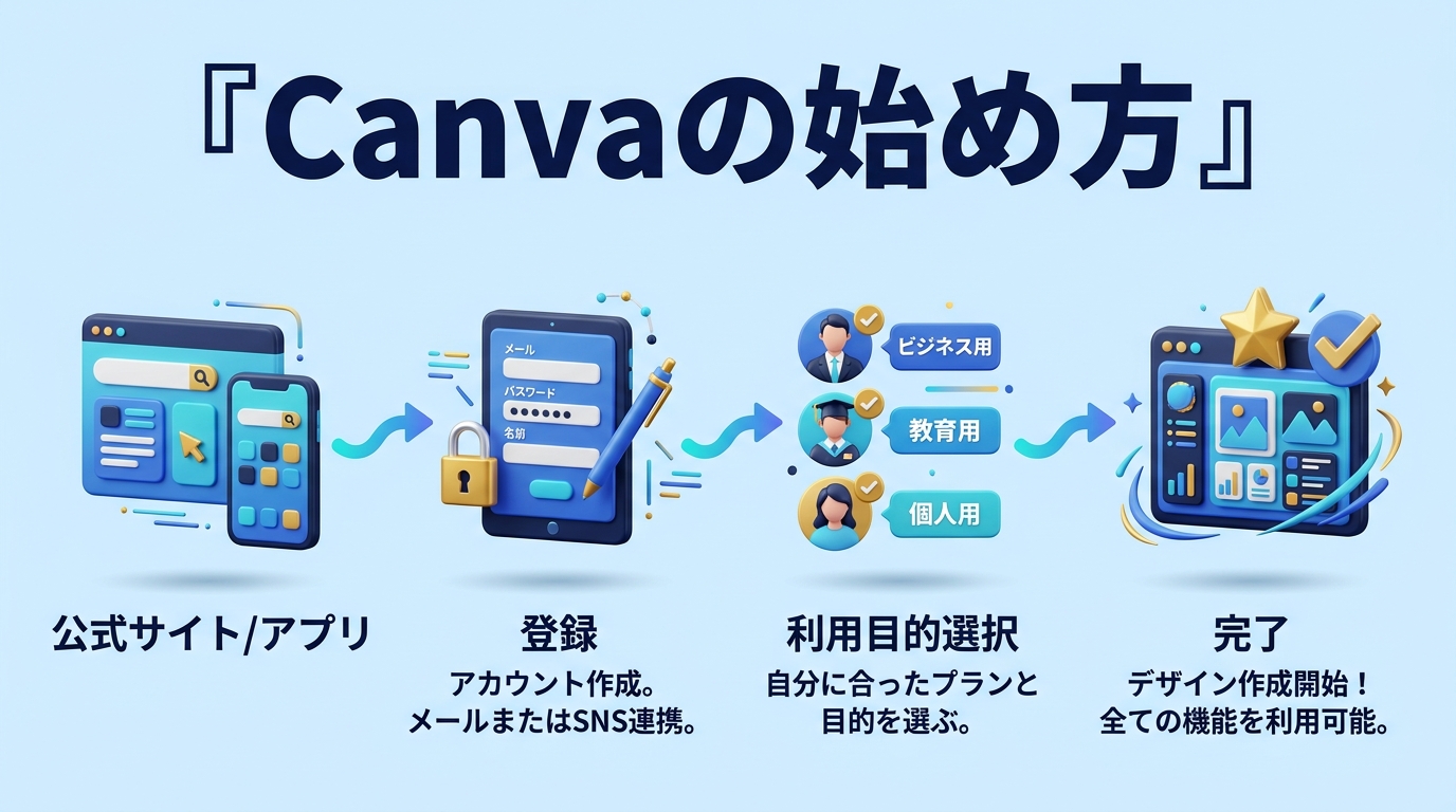 Canvaの始め方(登録手順)を示す図