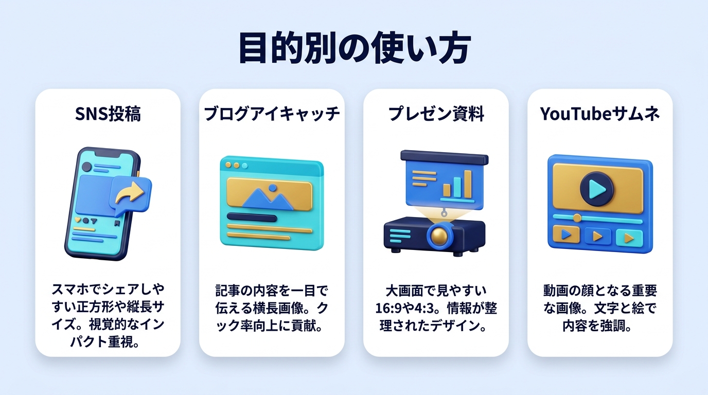 目的別のCanvaの使い方(SNS・ブログ・資料・サムネ)の図