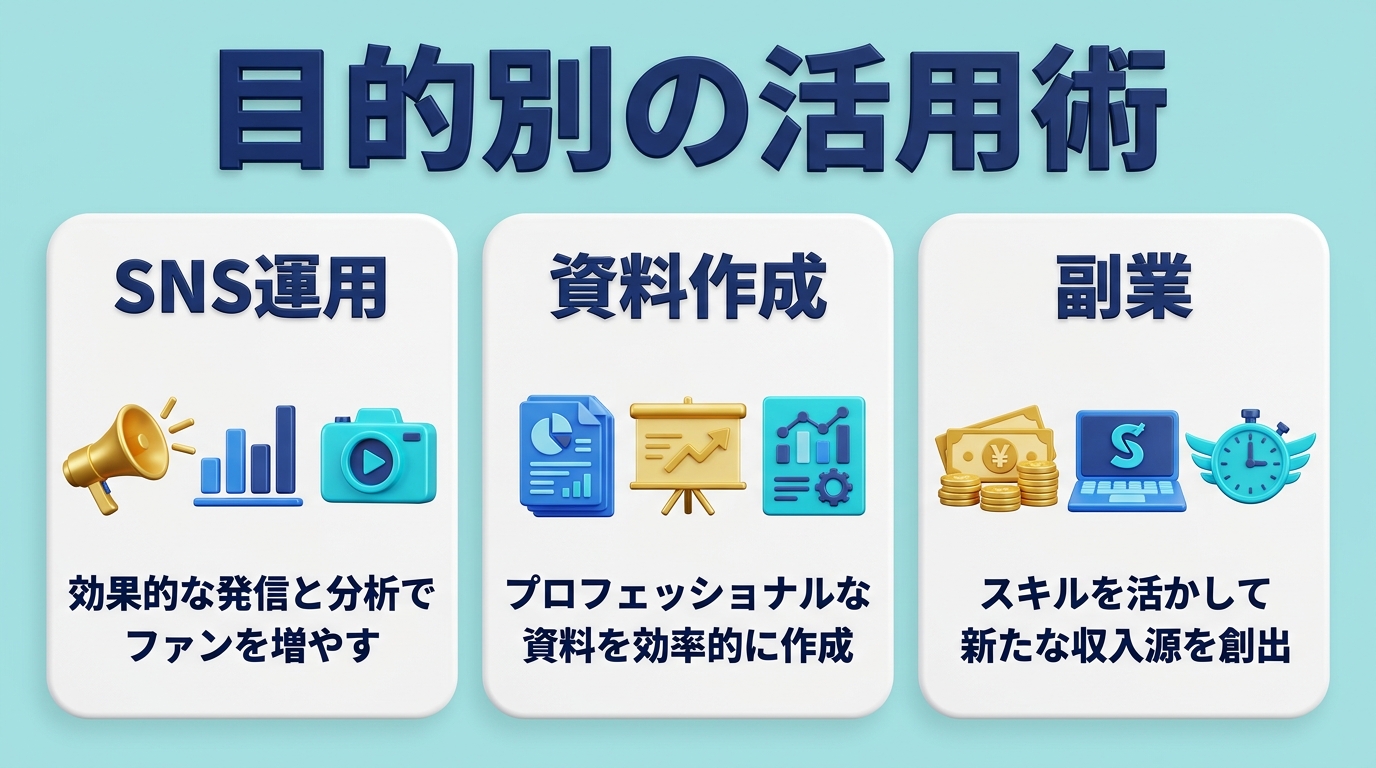 目的別のCanva Pro活用術(SNS・資料・副業)の図