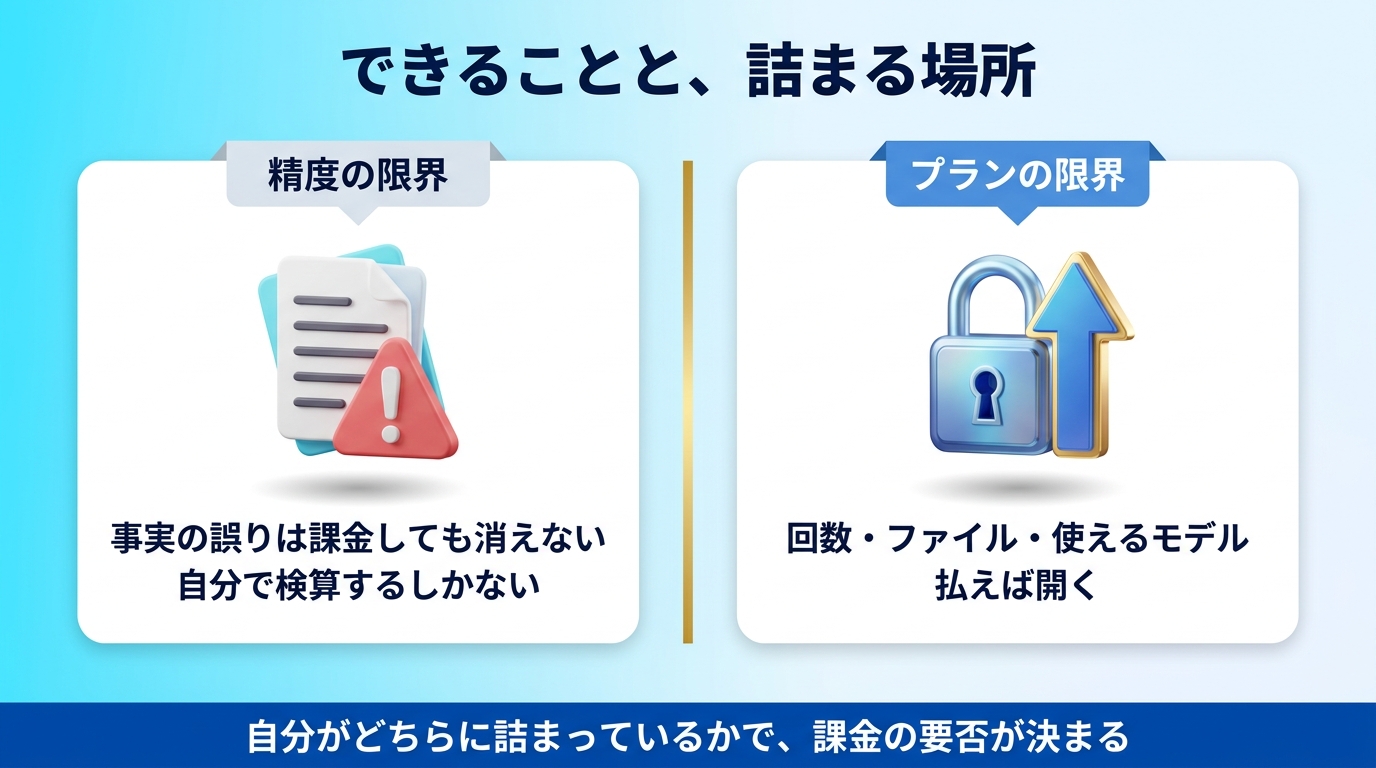 ChatGPTでできることの全体像と各機能の限界を示す図