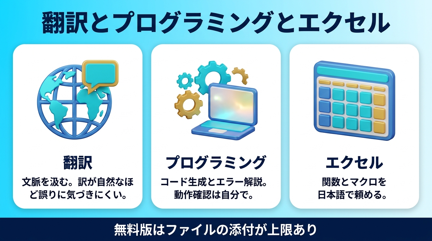 ChatGPTの翻訳とプログラミングとExcelでできることを示す図