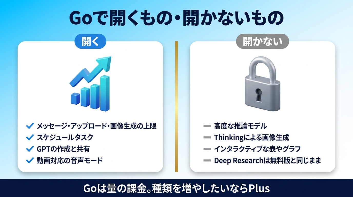 ChatGPTのGoプランで開く機能と開かない機能を示す図