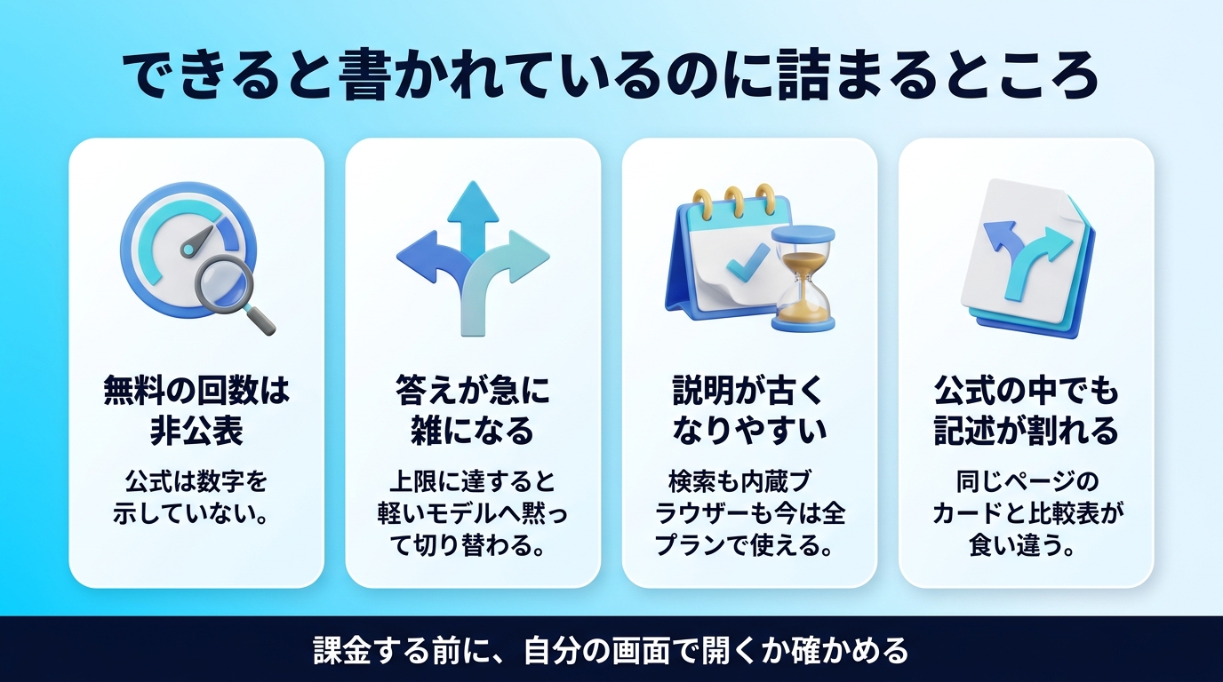 ChatGPTでできると書かれているのに実際には制限がある箇所を示す図