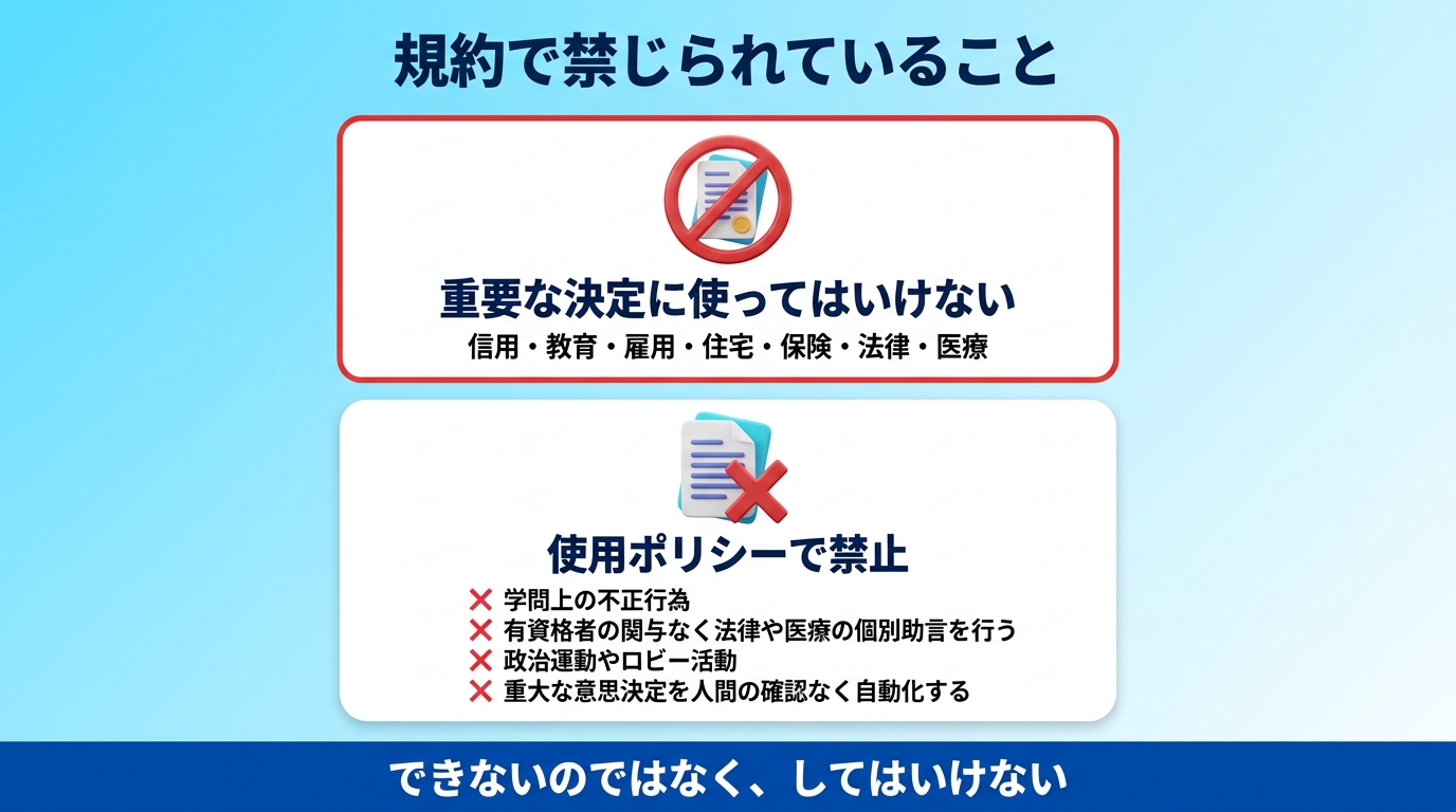 ChatGPTでできないことと規約上の禁止事項を示す図
