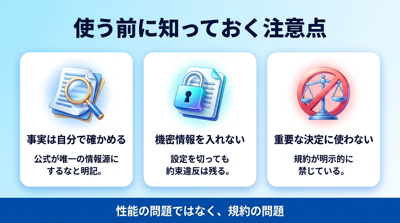 ChatGPTを使うときの注意点を示す図