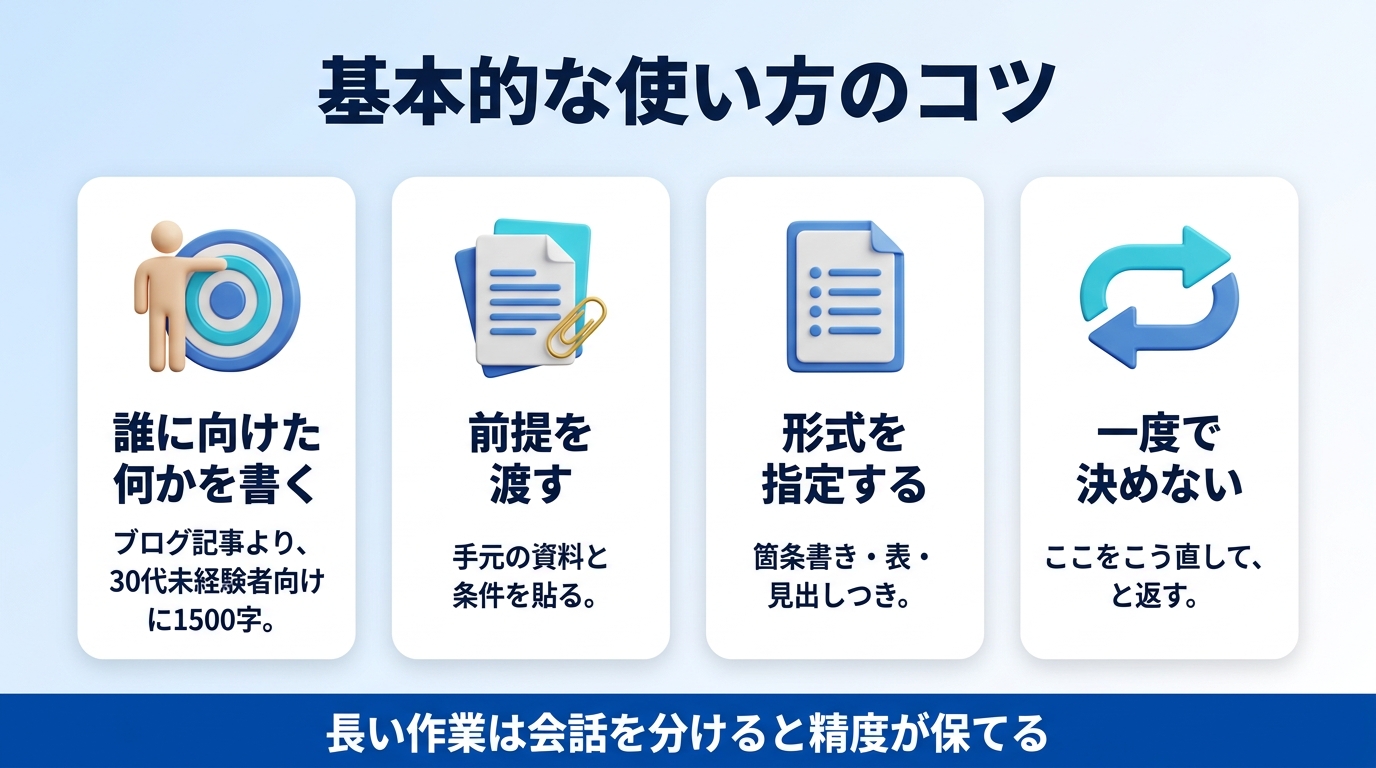 ChatGPTの基本的な使い方の手順を示す図