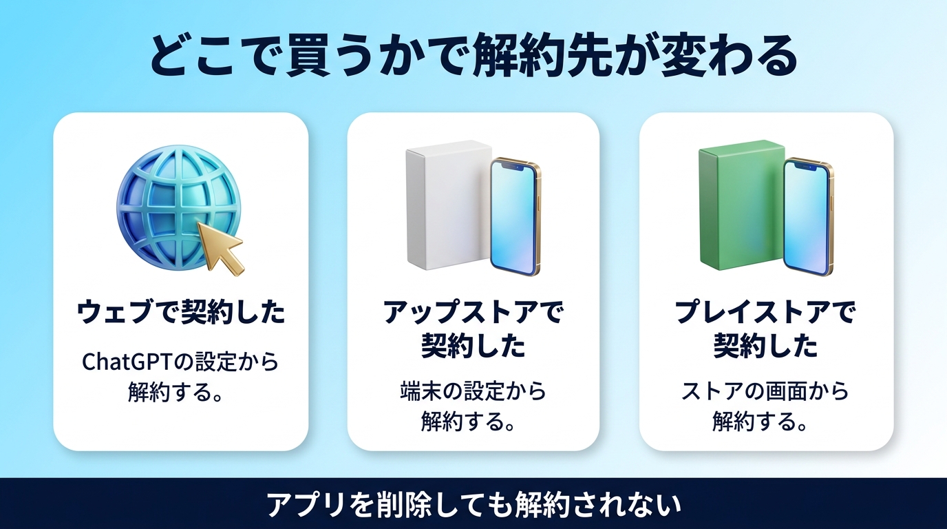 ChatGPTをどこで契約したかで解約先が変わることを示す図