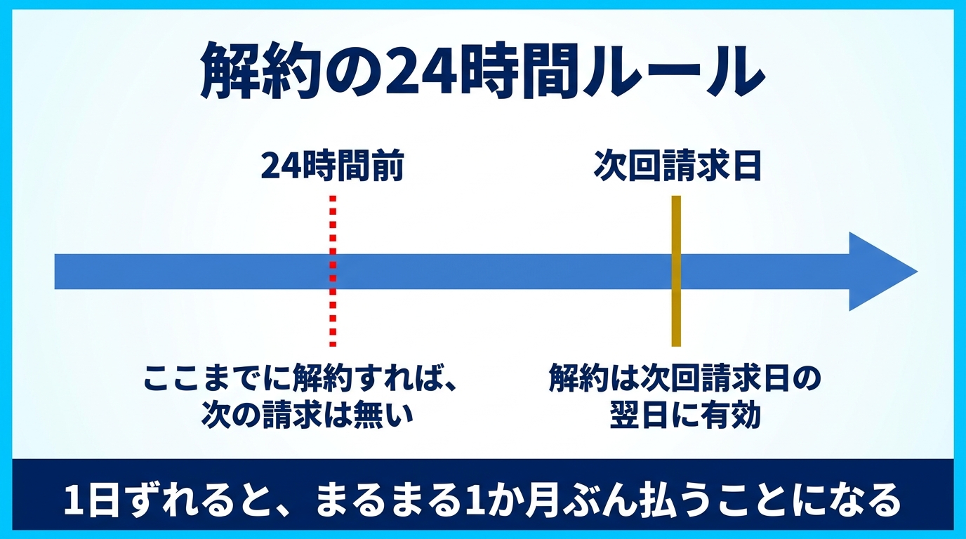 ChatGPTの解約手順と24時間ルールを示す図