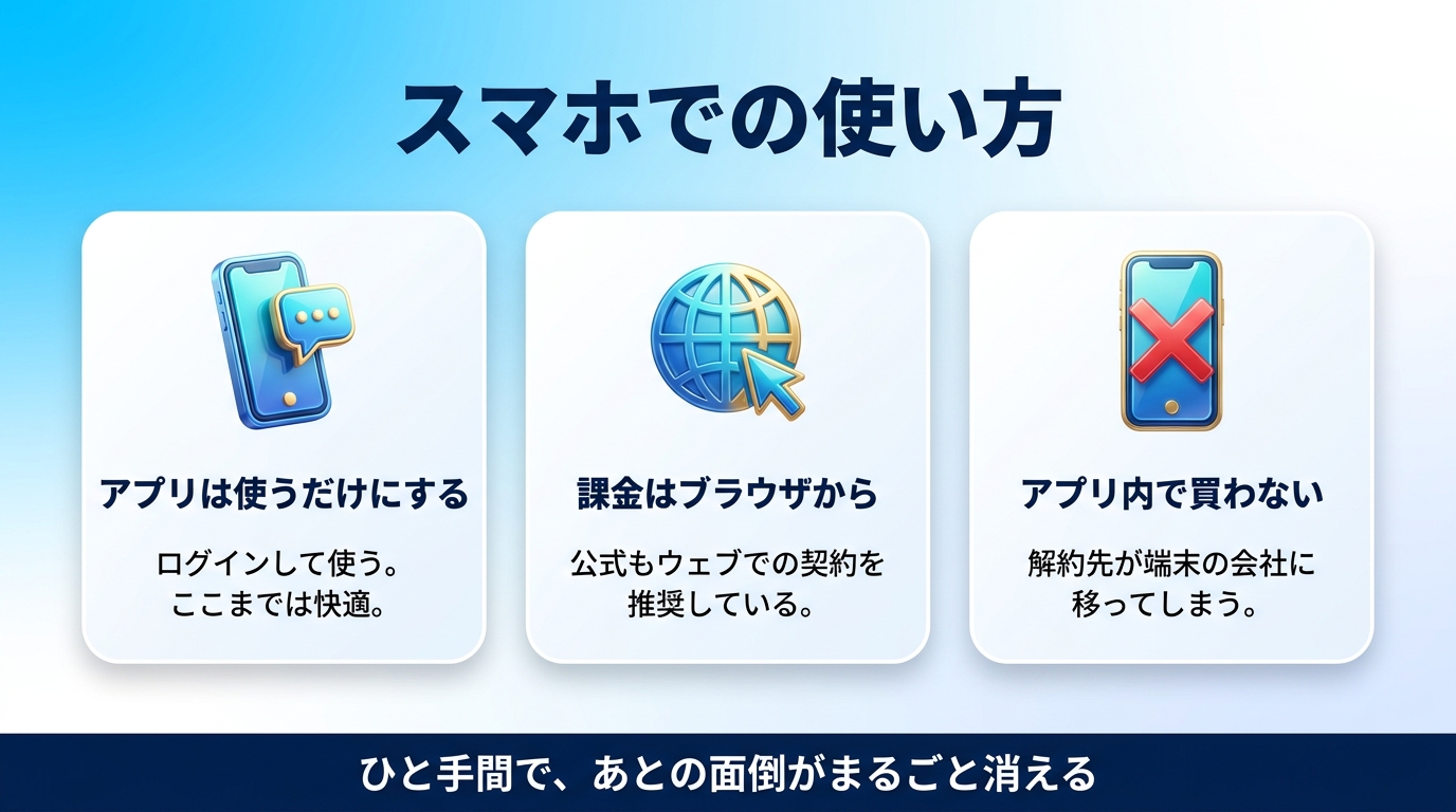 ChatGPTのスマホアプリでの使い方と課金の注意点を示す図