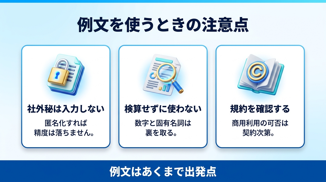 ChatGPTプロンプト例文を使うときの注意点の図