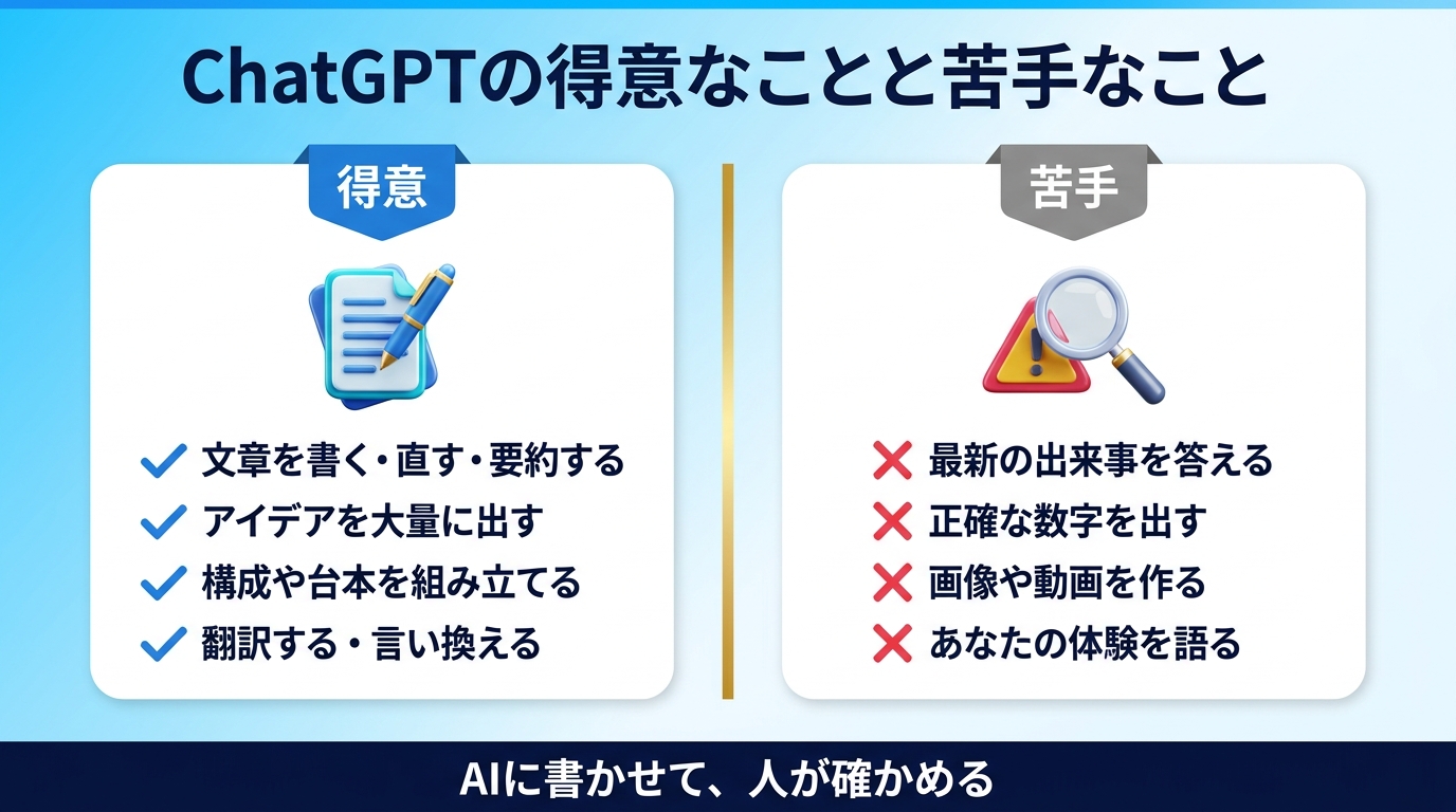 ChatGPTが得意なことと苦手なことの線引きを示す図