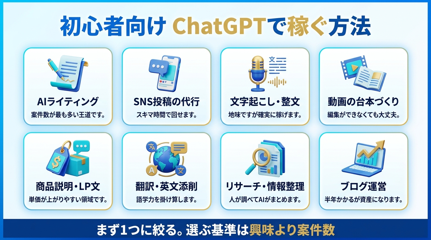 ChatGPTで稼ぐ初心者向けの方法8選を並べた図