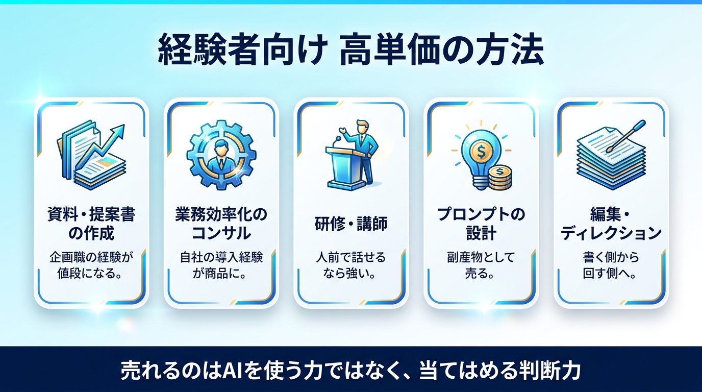 ChatGPTで稼ぐ経験者向け高単価の方法5選を示す図