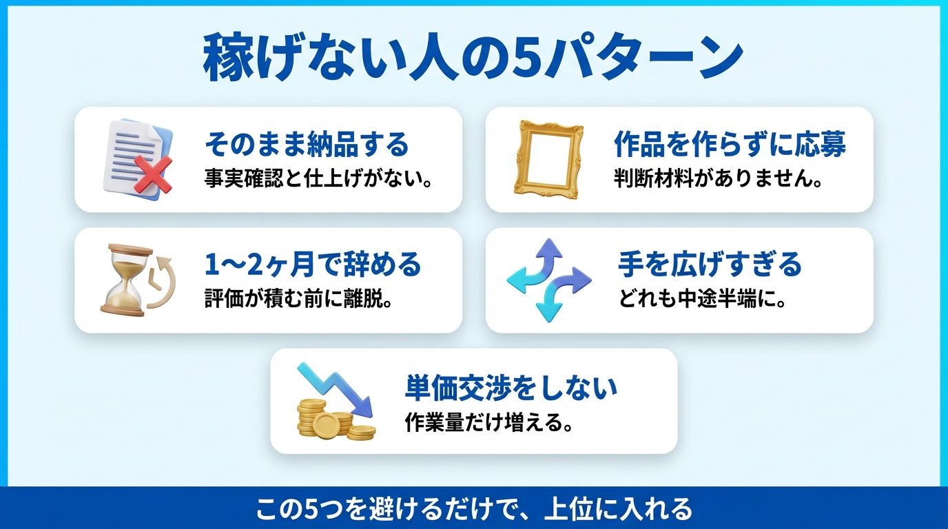 ChatGPT副業で稼げない人の5パターンを示す図