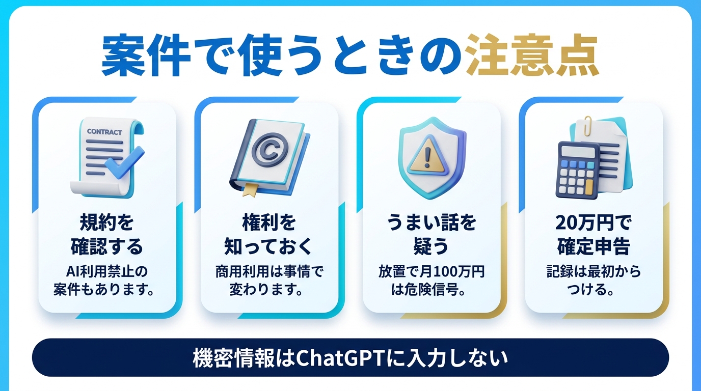 ChatGPT副業の注意点・規約と権利と詐欺対策の図
