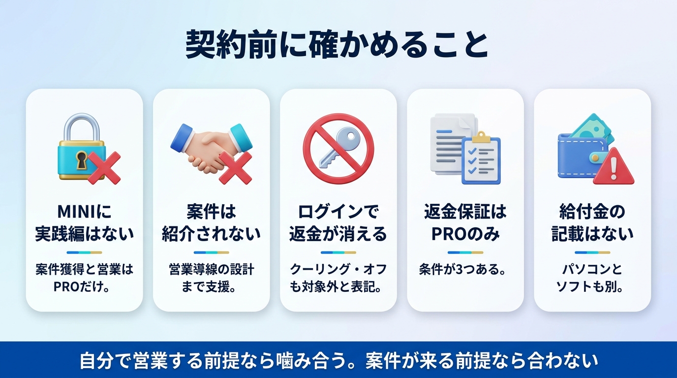 デジハクのまとめと契約前の確認事項の図