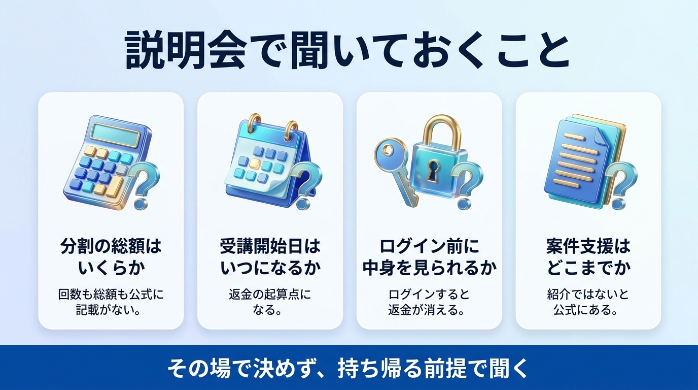 デジハクの無料説明会で確認すべきことの図