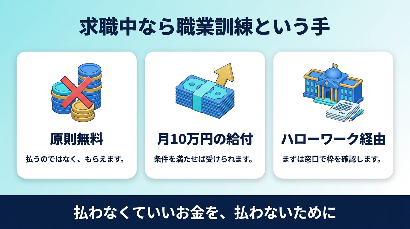DXアップの職業訓練コースが原則無料であることを示す図