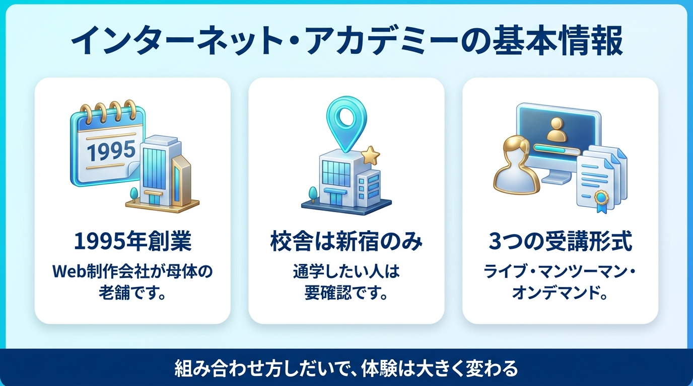 インターネットアカデミーがWeb制作会社を母体とするスクールであることを示す図