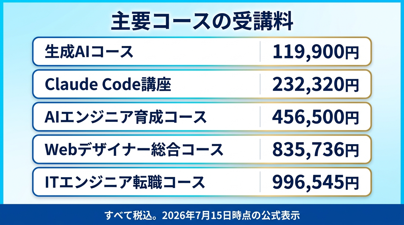 インターネットアカデミーの主要コースの料金を並べた図