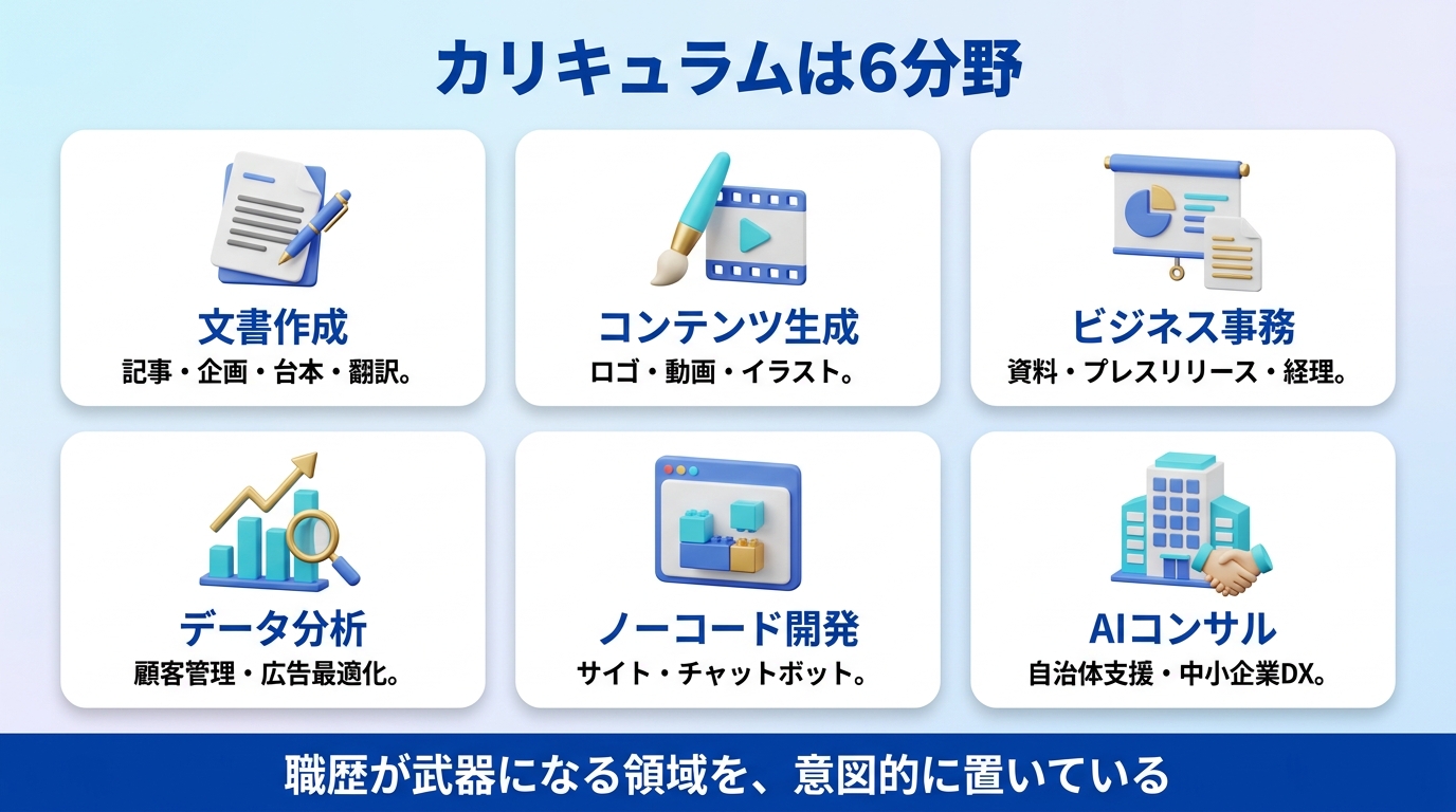 ライフシフトラボAIコースのカリキュラム6分野を示す図