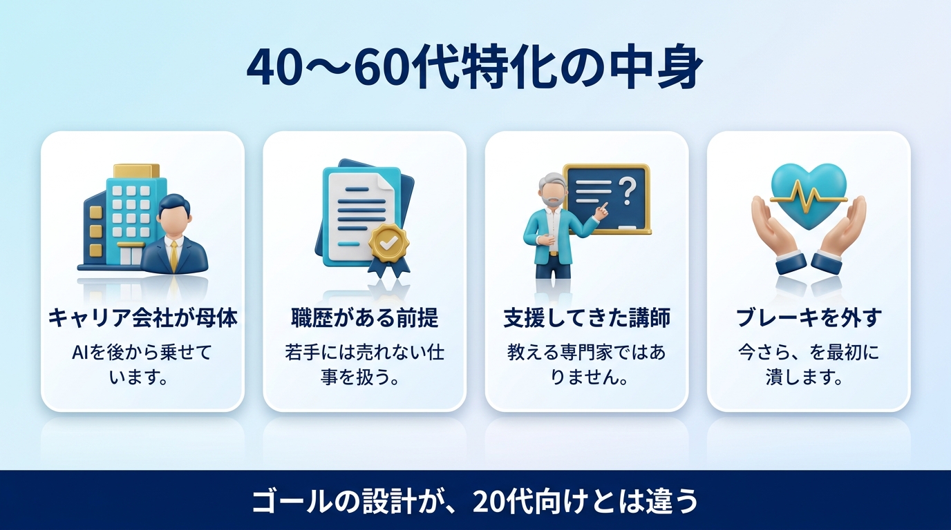 40〜60代特化のスクールが他と何が違うかを示す図