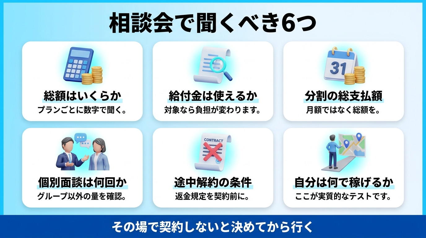 無料個別相談会で確認すべき6つのポイントの図