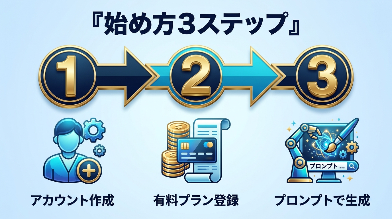 Midjourneyの始め方3ステップのフロー図