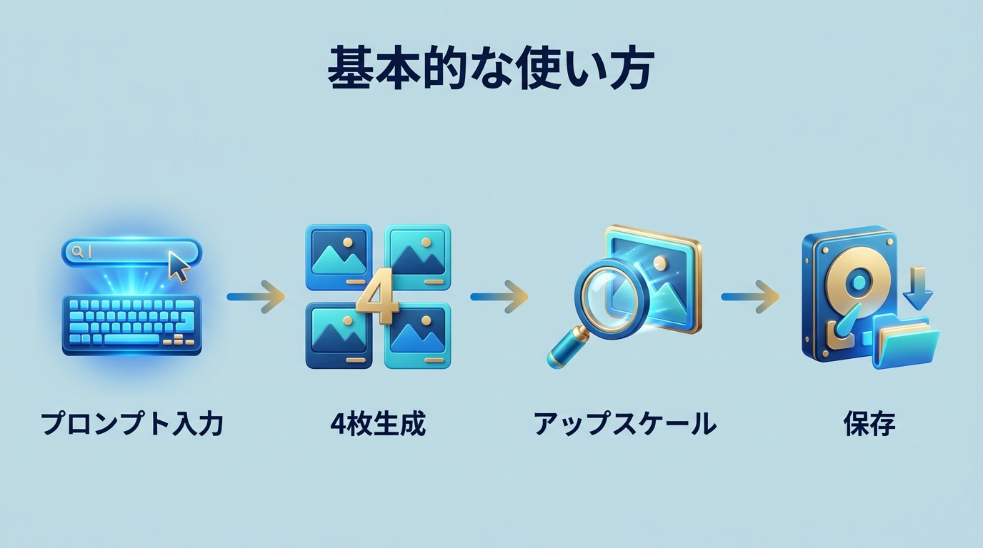 Midjourneyの基本的な使い方(プロンプト入力〜生成)の図